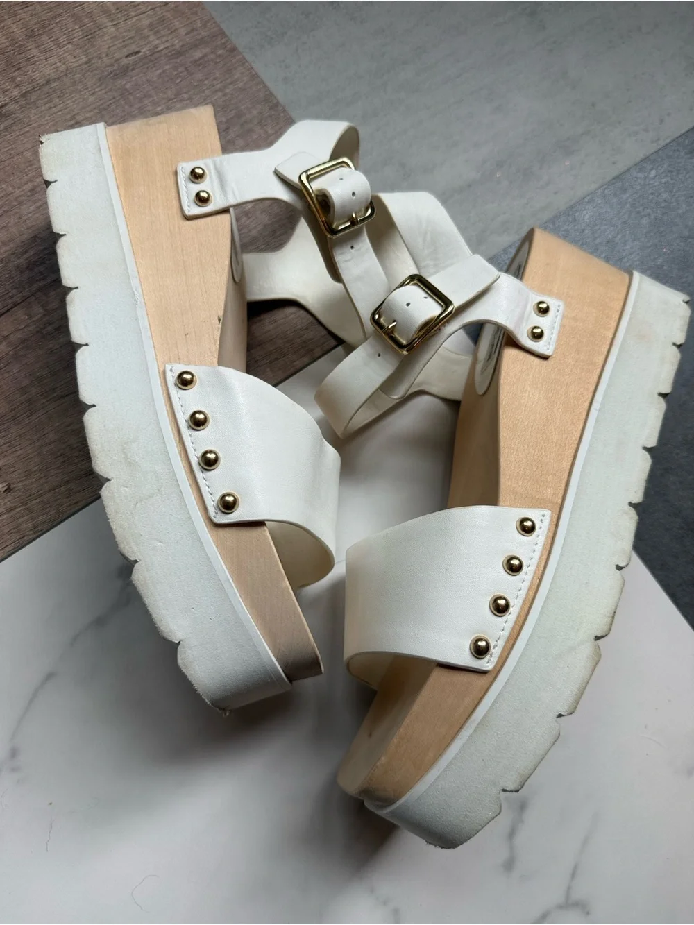Steve Madden White Platform Sandals with Gold Studs